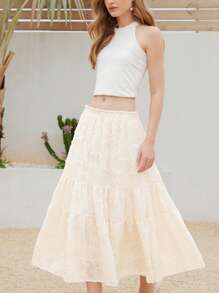 Chiquease Chân váy xếp tầng họa tiết hoa cánh hoa tua rua màu kem Pháp thanh lịch, kết cấu bóng - Màu be - Xem 4