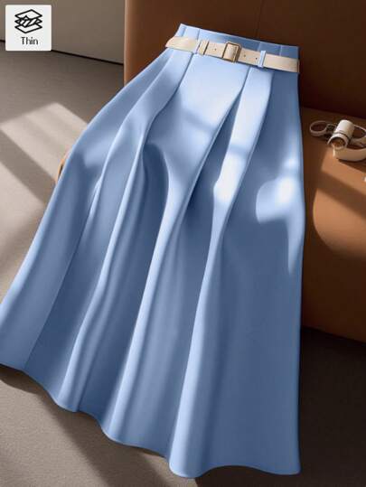 Franclia Women's Casual & Office Commuter Leather Waist Belt Medium Length Skirt, Summer Design Blue