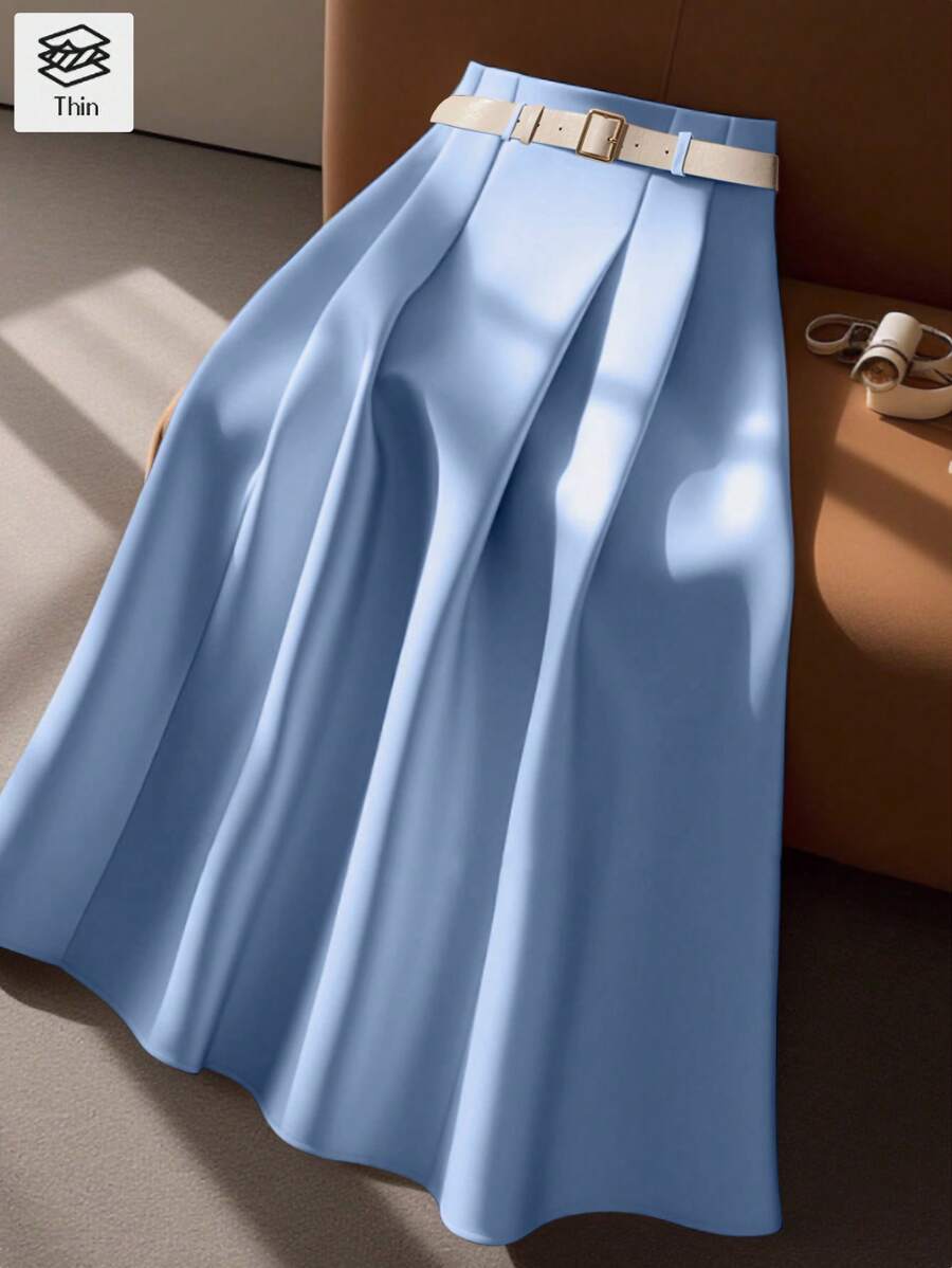 Franclia Women's Casual & Office Commuter Leather Waist Belt Medium Length Skirt, Summer Design Blue - Blue - View 1