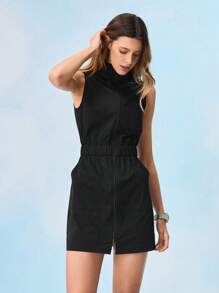 In My Nature 女式纯色前拉链无袖户外徒步连衣裙 - 黑色 - 查看 4