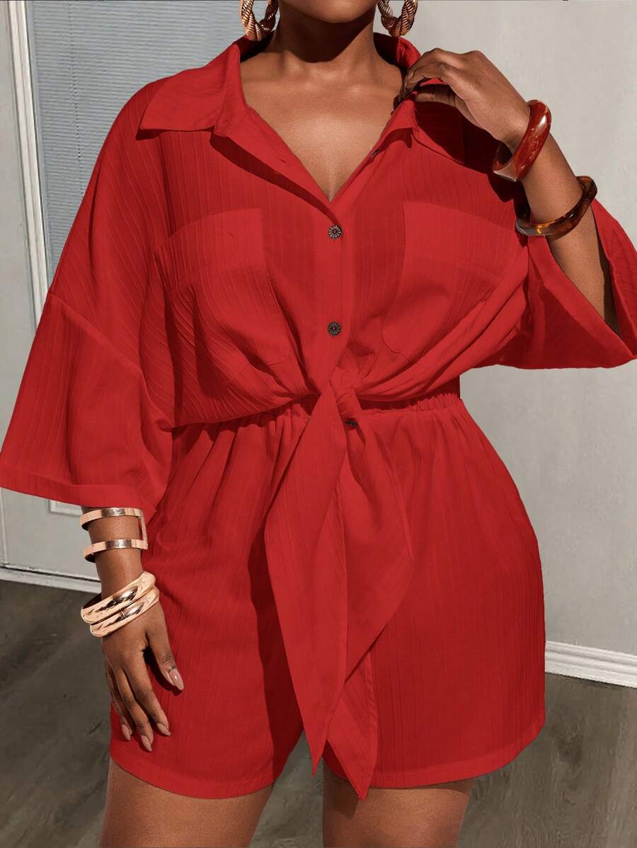 Slaydiva 2025 百搭日常休闲百搭直筒宽松落肩口袋抽绳衬衫和短裤两件套女士大码衬衫裙红色衬衫裙女士衬衫裙红色休闲裙红色度假装 / 秋季女装 / 大码夏装 / 七月四日 / 七月四日女装 / Y2K / 街头服饰女士 / 乡村 / 海滩 / 俱乐部 / 教师 / 亚麻 / 街头服饰 / 欧洲夏季 / 女士夏季服装 / 女士时尚服装 /