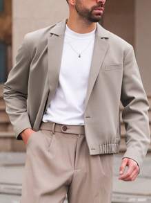 Manfinity Mode 男士宽松纯色休闲西装外套 春季休闲时尚 - 卡其色 - 查看 3