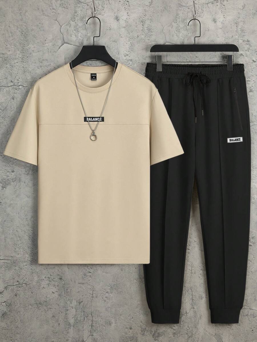 Manfinity Homme 2 件套男士字母印花圆领短袖 T 恤和抽绳运动裤，休闲夏季服装男士休闲套装男士休闲套装服装套装 2 件套休闲两件套男士 - 卡其色 - 查看 1