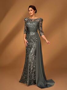 Serin 优雅奢华珍珠刺绣蕾丝和缎面拼接透视长袖美人鱼连衣裙，侧开衩，适合婚礼、派对、度假、庆典、新娘母亲晚礼服 - 深灰色 - 查看 5