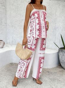 SHEIN 2 Stück Set aus Camisole und Hose für Schwangere mit Urlaubs-Lässig-Look in Cashewblüten-Muster - Rot-Weiß - Übersicht 3