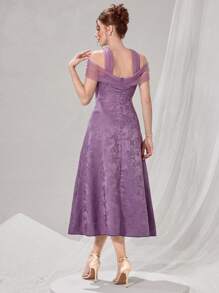 Poshira Women's Elegant Mesh Patchwork Jacquard Cold Shoulder Halter Formal Party Dress, Prom Dress