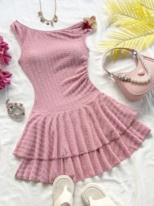 Soleia Women Vacation Textured Knit Asymmetric Shoulder Pink Mini Dress With 3D Floral Decor, Fitted With Ruffle Hem - Pink - View 1