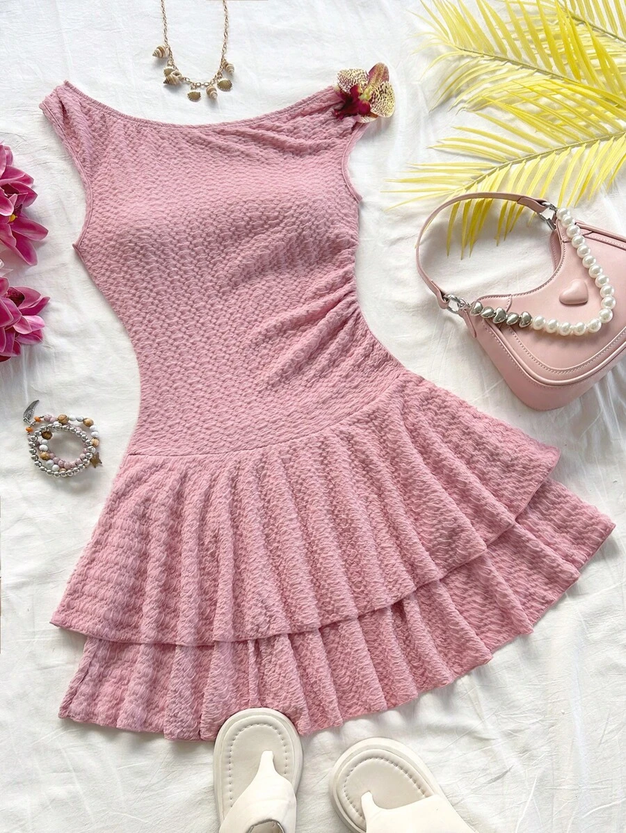 Soleia Women Vacation Textured Knit Asymmetric Shoulder Pink Mini Dress With 3D Floral Decor, Fitted With Ruffle Hem - Pink - View 1