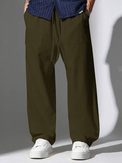 SUMWON 宽松亚麻外观阔腿裤抽绳休闲度假裤度假夏季海滩休闲阔腿裤舒适日常穿着