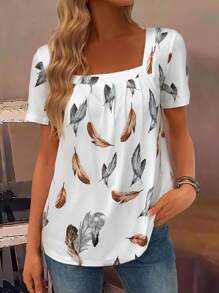 EMERY ROSE Women's Square Neck Elegant Casual Loose Pleated Feather Print Short Sleeve T-Shirt, Summer - White - View 3