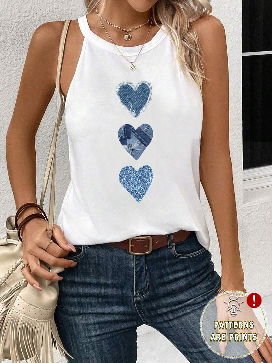 SHEIN LUNE Áo tank top nữ dáng ôm họa tiết trái tim hiệu ứng denim, hơi xuyên thấu, thích hợp cho mùa hè đi học, phong cách thường ngày. - trắng - Xem 1