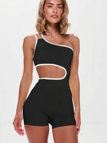 Musera Sport 不对称领口撞色滚边镂空连体运动服，适合健身房、板式网球、网球、匹克球、瑜伽、普拉提等运动，日常休闲夏季穿着 - 黑色 - 查看 2