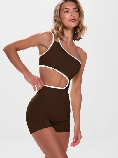 Musera Sport 不对称领口撞色滚边镂空连体运动服，适合健身房、板式网球、网球、匹克球、秋季健身、瑜伽、普拉提、日常休闲穿着。