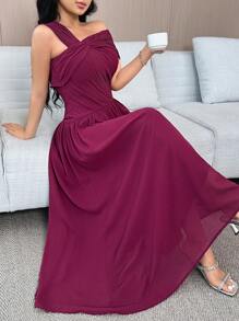 Modelyn Women's Solid Color Asymmetric Neck Ruffle Elegant Dress