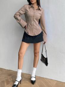 Flirla Women's Long Sleeve Single-Breasted Casual/Work Striped Blouse
