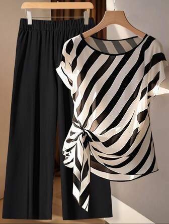 SHEIN Clasi Plus Size Women Striped Bat Sleeve Knot Side Top And Pants 2 Pieces Set Dark Green,Mother Of The Bride Set,Party Event Suitable For Elegant Woman Clothing, Summer Outfits For Women, Wedding Guest Set Women, Old Money Style, 2 Pieces Sets Ladies,Office Outfits For Women,Business Casual Woman,Old Money Style Women,Festival Outfits,Concert Outfits For Women,Teacher Outfits For Women,Classy Outfits For Women,2 Pieces Sets Ladies,2 Pieces Summer Set,Summer Outfits For Women,Wedding Guest Women,Office Outfits For Women,Work Clothes Women,Concert Outfit Women,Business Casual Women,Church Outfits Women,Vacation Two Pieces Set,Festival Outfits,Going Out