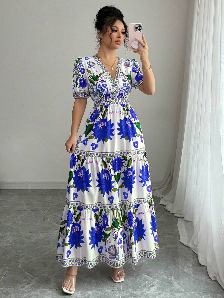 Elenzga Women's Floral Print V-Neck Puff Sleeve Elegant Dress For Resort - Multicolor - View 1