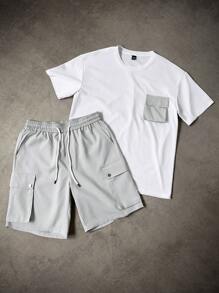 Manfinity Homme 男士夏季休闲撞色口袋T恤和工装短裤套装 - 白色 - 查看 5