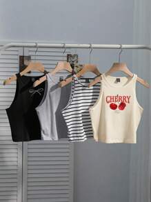 SHEIN EZwear 4 件套女士休闲黑白条纹纯色黑白杏色樱桃蝴蝶结印花图案百搭性感修身背心，适合夏季、度假、沙滩装 - 彩色 - 查看 7