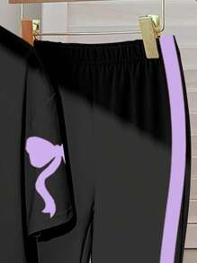 SHEIN Conjunto de 2 piezas de niña preadolescente de top de manga corta y pantalones minimalista casual, adecuado para el verano