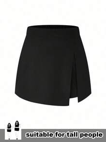 SHEIN Tall Plus Size Solid Color Split Casual Elegant Shorts, Suitable For Daily Wear In Summer - Black - View 1