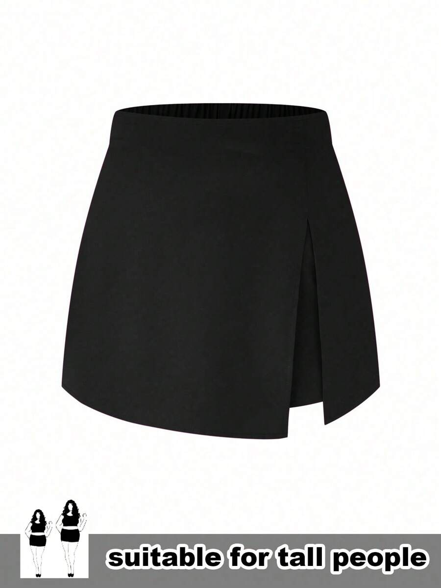 SHEIN Tall Plus Size Solid Color Split Casual Elegant Shorts, Suitable For Daily Wear In Summer - Black - View 1