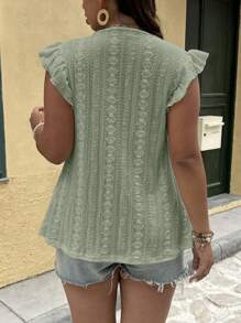 Breezaya Plus Size Women Eyelet Knit Ruched Shirring T-Shirt With Lace V-Neck - Mint Green - View 2