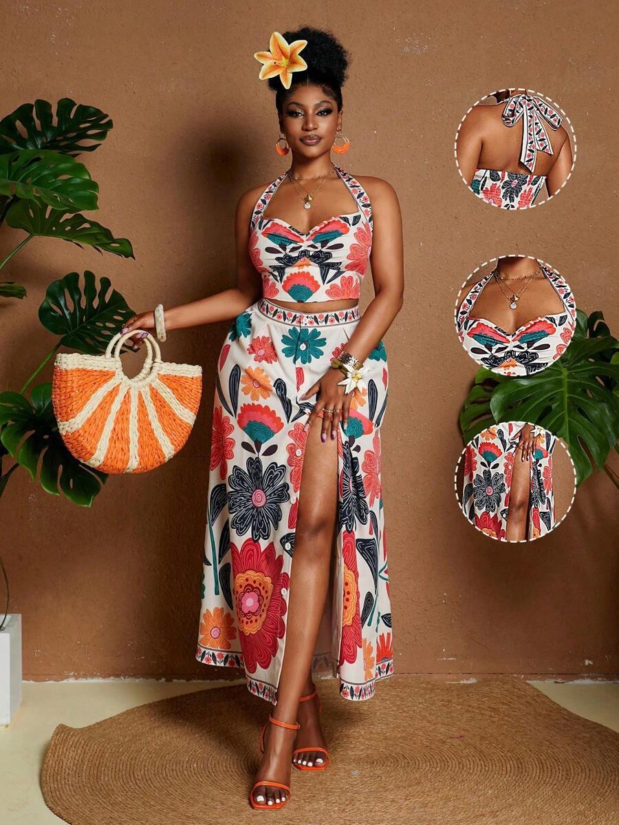 Maweii Große Größen Halter Tropical Muster Top & Rock 2-teiliges Set, lässige Strandresort Kleidung für den Sommer - Verschiedenfarbig - Übersicht 1