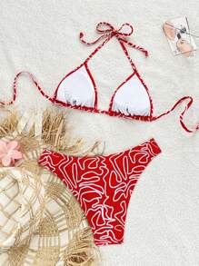 Swim Mod Random Print Vacation Two-Piece Swimsuit For Summer - Red and White - View 2
