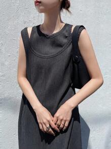 FRIFUL 女士纯色纹理镂空两件套长裙，夏季无袖连衣裙，毕业典礼 - 灰色 - 查看 7