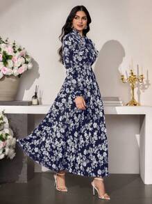 Mulvari 优雅花卉印花长袖中长连衣裙，束腰设计，适合春夏季新年服装，长款女装 - 藏蓝色 - 查看 2