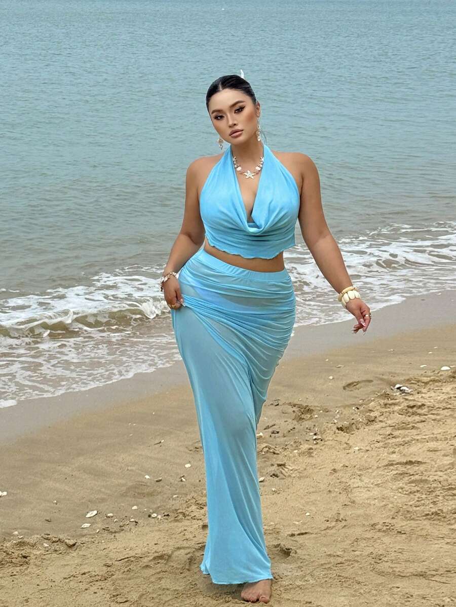 Flirla 加大码深垂领透明两件套吊带泳衣，搭配纯色纱笼裙