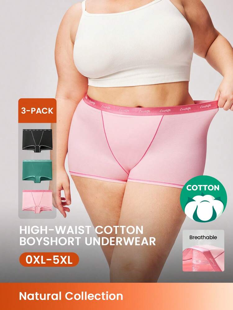Plus 3-Pack Women Plus Cotton Logo High-Rise Boyshorts