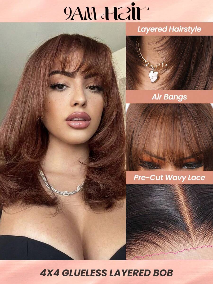 Glueless Layered Straight Wig Bob Wig With Bangs Human Hair 4x4 Pre-Cut Lace Glueless Wigs Silk Bob Wig Wear And Go Breathable Short Bob Wigs 4# Chocolate Brown Bob Wig 10-14 Inch - S4 - View 1