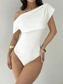 Firerie Women's Elegant Minimalist Stylish Romantic Music Festival Sexy Asymmetrical Neck Asymmetrical Drapery Backless Bodysuits, White - White - View 2