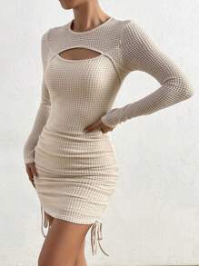 SHEIN Unity Solid Color Hollow Ruffle Fitted Crew Neck Long Sleeve Dress - Apricot - View 5