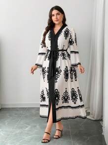 Modelyn Plus Size Women's Elegant Modest Dress: Long Sleeve, V Neck, Belted, Flared Hem, Black And White Floral Print Woven Fabric Maxi Dress - Multicolor - View 6