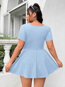 SHEIN EZwear Vestido casual y sencillo de unicolor de manga corta, talla grande, con línea A, dobladillo con volantes, tela elástica con bolsillos para exteriores, yoga, fitness, primavera y verano
