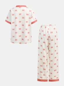 2 Stücke Set für Teenager Mädchen mit niedlicher Schleife, V-Ausschnitt Kurzarm T-Shirt mit Tasche und gerade geschnittener Hose als Loungewear Schlafanzug