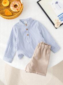 SHEIN 2 件套男婴休闲条纹长袖衬衫和短裤套装，可爱服装适合春夏季、生日派对、晚会、婚礼、婴儿洗礼、 1 岁生日庆祝活动 - 藍色 - 查看 9
