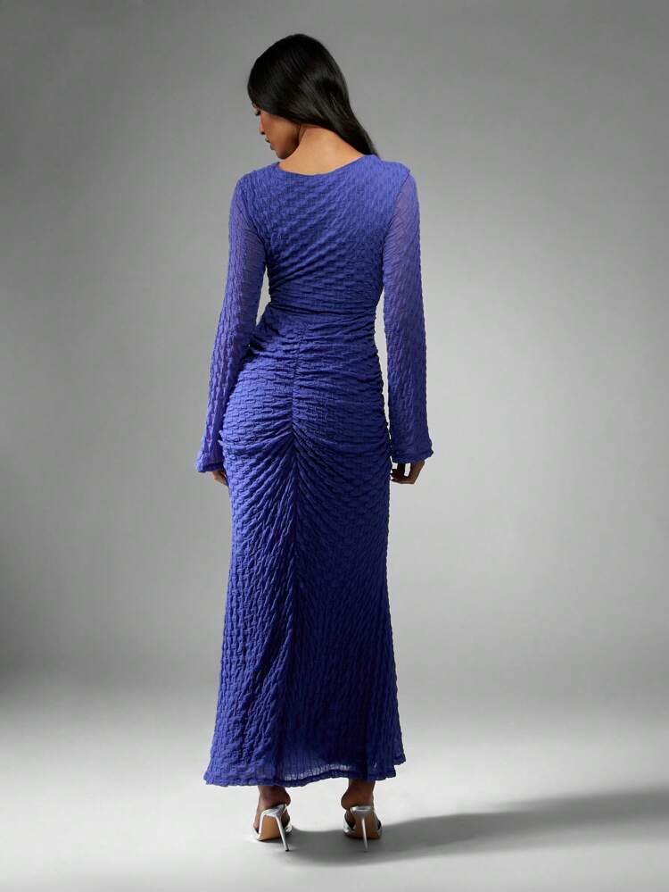 MISSGUIDED Textured Ruched Long Sleeve Twist Front Cut Out Maxi Dress Summer Fall Wedding Guest Party Special Occasion Statement Elegance Draped Evening
