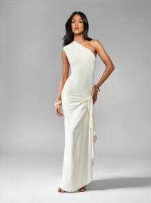 MISSGUIDED Váy Maxi Một Vai Jersey Ruched Side Formal Evening Dress Khách dự tiệc cưới Dịp đặc biệt Draped Side Split Cinched Eo Empire Gathering Party - Màu be - Xem 5