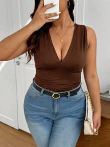 CosyJoli Plus Size Women's Simple V-Neck Pleated Fitted Black Camisole, New Spring Collection,Business Casual Woman - Coffee Brown - View 4