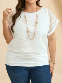 EMERY ROSE 大码女式优雅纯色提花拼布衬衫，夏季 - 白色 - 查看 5