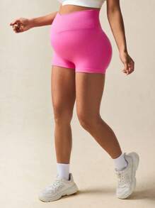 SHEIN 孕妇纯色不对称腰带休闲健身运动短裤 - 珊瑚粉 - 查看 5