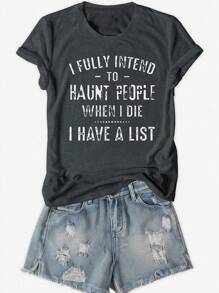 Flirla Woman's Casual English Slogan Print T-Shirt, Summer - Grey - View 1