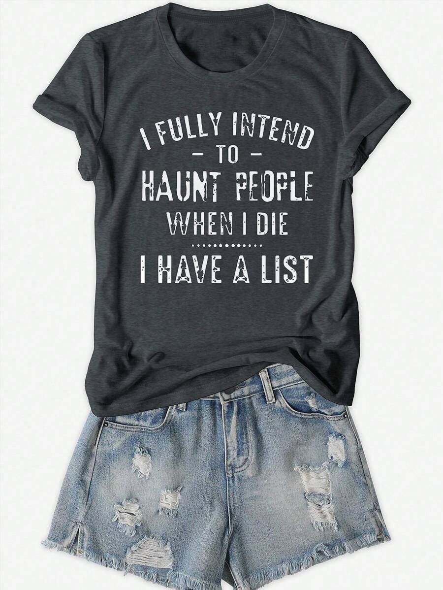 Flirla Woman's Casual English Slogan Print T-Shirt, Summer - Grey - View 1