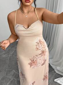 Elenzga Váy yếm in hoa thanh lịch cỡ lớn cho mùa hè - Màu be - Xem 7