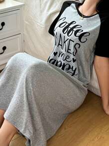 SHEIN Contrast Color Raglan Short Sleeve Women's Knit Crew Neck T-Shirt Nightgown - Black - View 3