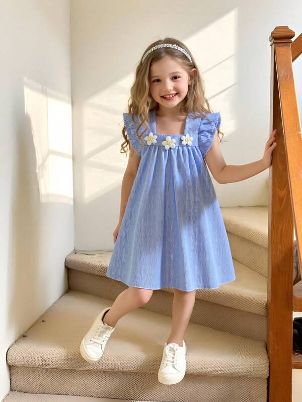 Vestido holgado de línea A con cuello cuadrado a rayas y decoración floral 3D, vestido casual adecuado para uso diario, playa, verano, para niñas